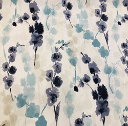 Kumascihome - Pamuk Baskılı Keten Kumaş Mavi Çiçekler